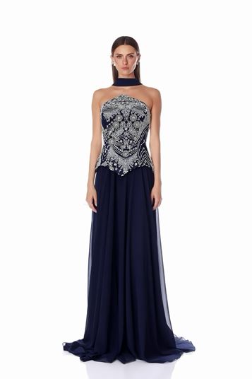 Abito da sera senza spalline in chiffon blu navy e bianco con decorazioni di perle 